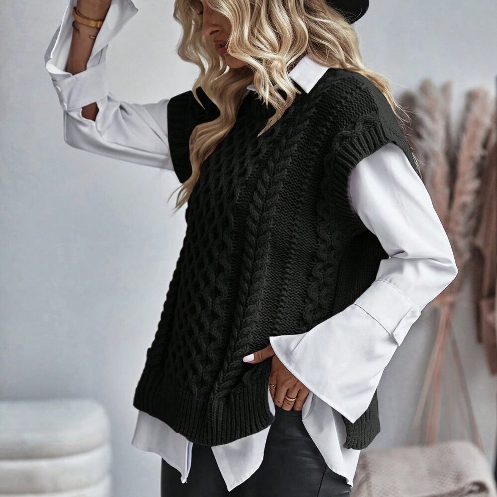 Black Casual Women's Cable Knitted Sleeveless Sweater Vest - Picture 6 of 6